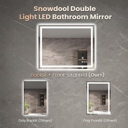 Snowdool 24"X36" LED Bathroom Mirror with Front Lights and Backlit, Anti-Fog, Dimmable, Shatter-Proof Tempered Glass, Lighted Bathroom Vanity Mirror for Wall with 3 Colors, Memory Function