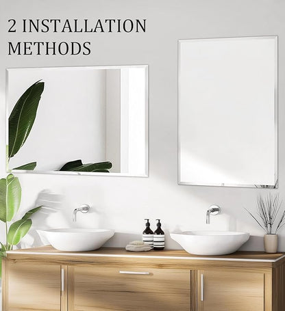 Frameless Rectangular Wall Mirror: Decorative Rectangle Mirrored Glass Vanity with Beveled Silver Edge for Bathroom Bedroom Livingroom Dining Room Entryway Hallway, 40 x 28 inch
