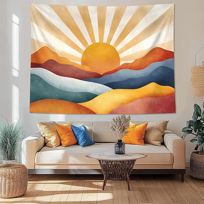 Leeisysme Boho Sun Tapestry, Abstract Retro 70s Mountain Wall Art, Aesthetic Vintage Sunrise Tapestries for Bedroom Living Room Dorm Decor, 60x80 inches