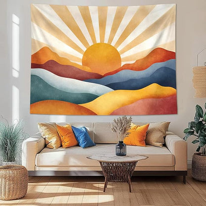 Leeisysme Boho Sun Tapestry, Abstract Retro 70s Mountain Wall Art, Aesthetic Vintage Sunrise Tapestries for Bedroom Living Room Dorm Decor, 60x80 inches
