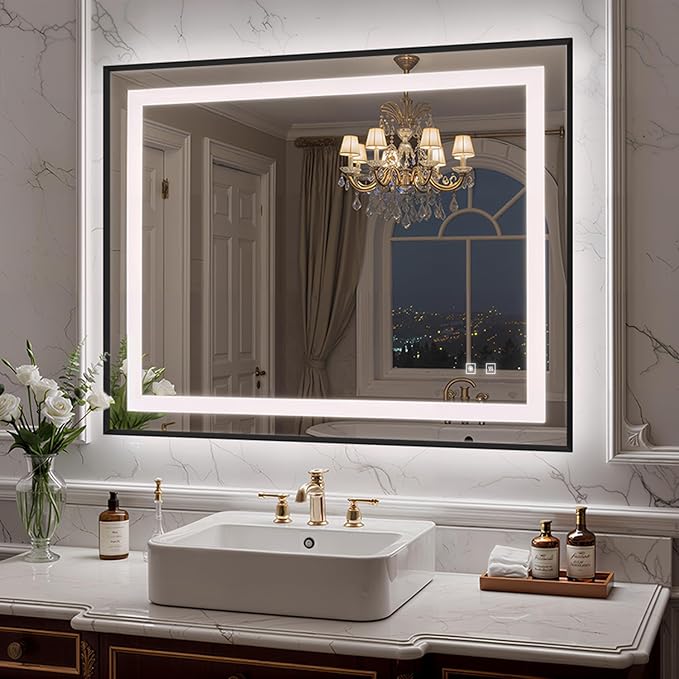 40X32 Inch LED Bathroom Mirror with Lights, Black Frame Frontlit+ Backlit Bathroom Vanity Mirror for Wall, Ultra-Clear Tempered Glass, Shatter-Proof, Anti-Fog and Memory Function, ETL Listed