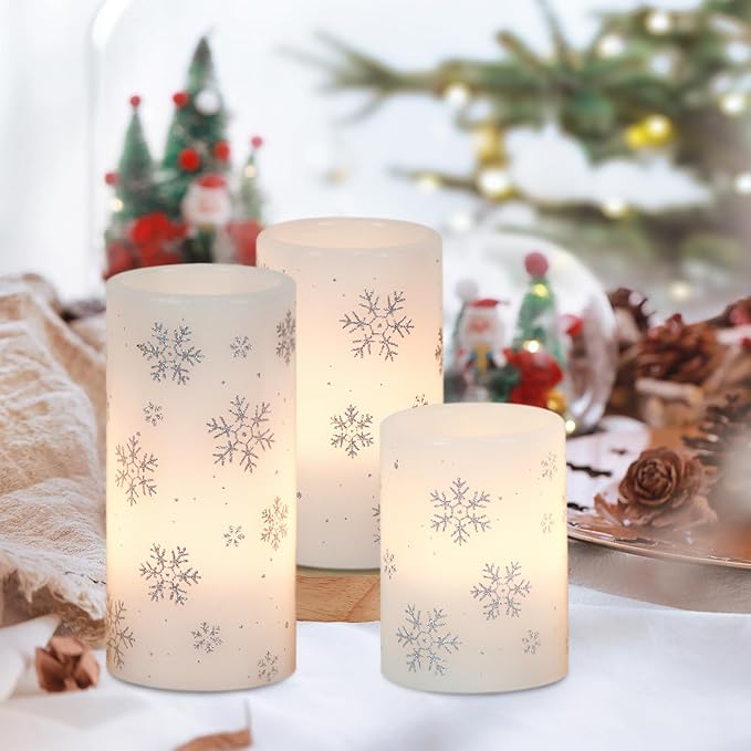 Silver Snowflake Flameless Flickering Candles Battery Operated with 6H Timer, 3 Pack Real Wax Warm Light LED Pillar Candles Dinner Tabletop Holiday Centerpiece Decor 3" x 6"