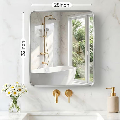 NEWBULIG 28X32 Inch Bathroom Mirror for Over Sink, Wall Vanity Mirrors Tempered Glass, Anti-Rust Metal Framed Rounded Rectangle, Hangs Horizontally or Vertically, Farmhouse Home Decor, Silvery