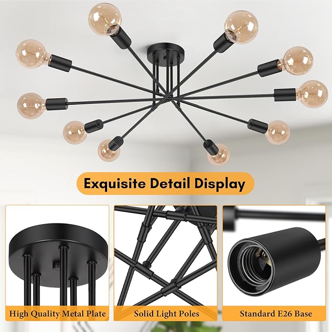 Modern Sputnik Chandelier 10-Light Industrial Ceiling Lights Fixture 31.5" Black Semi Flush Mount Ceiling Light with E26 Base Sputnik Lights Fixture for Dining Room Bedroom Foyer Hallway Living Room