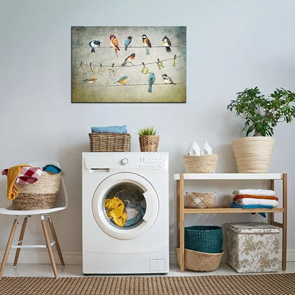 Biuteawal Laundry Room Canvas Wall Art Bird Picture Painting Prints Vintage Artwork Funny Laundry Sign Decor Home Bathroom Wall Decoration Gallery Wrap Ready to Hang