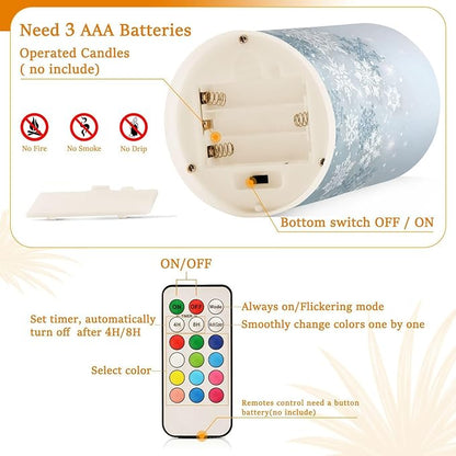 ALAZA Silver Winter Abstract Snowflakes Christmas Flickering Flameless Candles Battery Operated with Remote Timer,Tea Light Candles LED Pillar Votive Candles Set of 2 for Outdoor Indoor Decorations