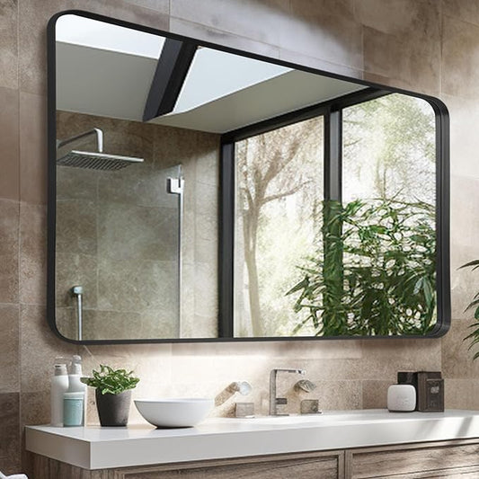 Anpark Wall Mirror 30" x 48" for Bathroom Black Metal Deep Frame Mirror for Wall Decorative Rectangular Round Corner Wall Mounted Vanity Mirror for Bedroom Living Room Entryway Wall Decor