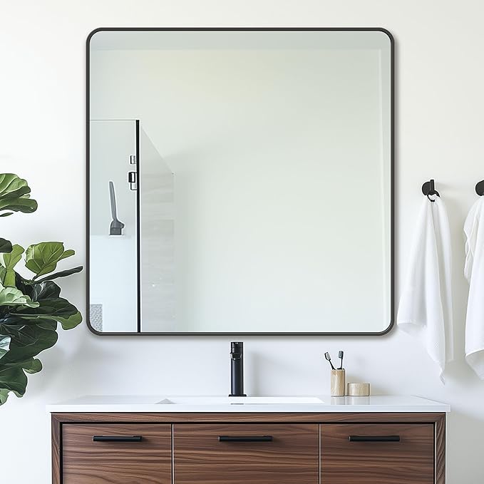 Antok 36x36 Black Metal Framed Bathroom Mirror, Wall Mirror with Round Corners, Vanity Mirror for Over Sink, Anti-Rust Tempered Glass, Horizontal/Vertical Hanging for Bathroom, Living Room, Entryway