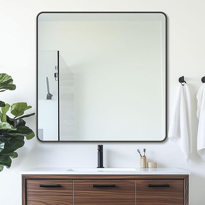 Antok 36x36 Black Metal Framed Bathroom Mirror, Wall Mirror with Round Corners, Vanity Mirror for Over Sink, Anti-Rust Tempered Glass, Horizontal/Vertical Hanging for Bathroom, Living Room, Entryway