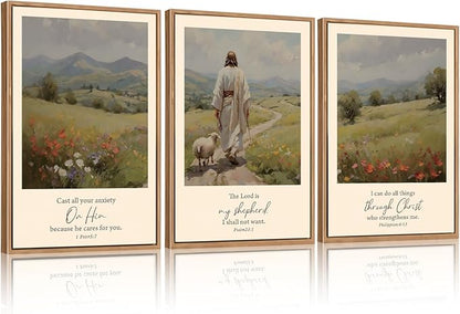 Aurlan Christian Bible Verses Framed Wall Art(24"x36"), 3PCS Vintage Jesus Leaves The 99 Lost Sheep Inspirational Scripture Canvas Artwork, Religious Abstract Flowers Nature Landscape Gallery Decor for Home Office Bedroom