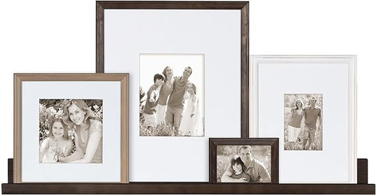 Kate and Laurel Bordeaux Gallery Floating Shelf and Wall Frame Kit, Set of 5, Multiple Finishes, Assorted Size Wooden Frames and Display Shelf