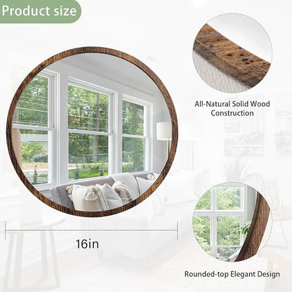 JJUUYOU Round Wall Mirror 16" Hanging Circle Mirror Round Mirrors for The Bathroom Wooden Farmhouse Frame Mirrors for Bedroom Living Room or Entryway Wall Decorative