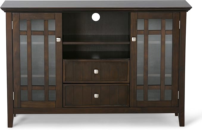 SIMPLIHOME Bedford TV Stand - 53 inch Wide Solid Wood Tall Media Console in Dark Tobacco Brown, Transitional Entertainment Center for Living Room for TVs up to 60 Inches with Cable Management