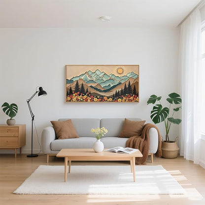 Large Boho Wood Grain Mountain Framed Canvas Wall Art Set,Vintage Sunrise Forest Floral Wall Decor,Rustic Natural Wilderness Art Printing for Living Room,Bedroom,Office-20 * 40"