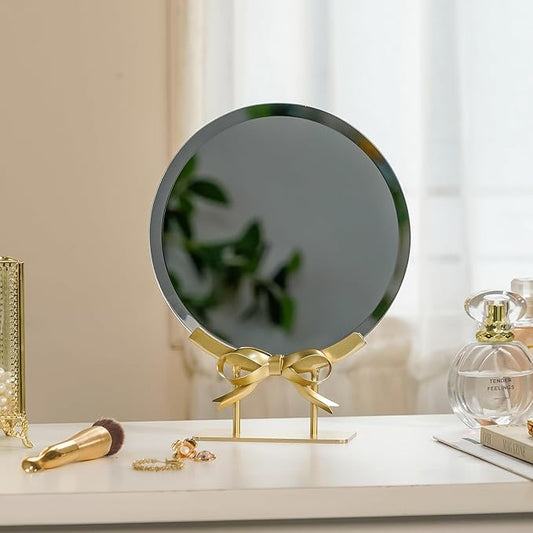 Golden Round Makeup Mirror with Bow Stand - Detachable Base French-Inspired Elegant Tabletop Luxury Vanity Mirror for Living Room, Bedroom, 7.95 x 10.04 Inches