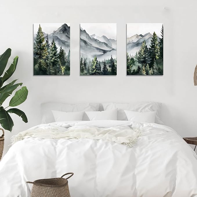 WANGTIAO 3 Panels Framed Canvas Wall Art for Living Room, Abstract Mountain Forest Views Ink Wall Decor for Dedroom Office Wall Paintings Green Landscape Art Prints Pictures Ready to Hang 12"x16"x3