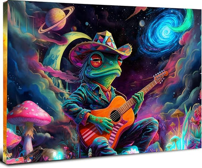 12x16 Trippy Space Frog Canvas Wall Art, Colorful Framed Cosmic Funny Guitar Player Kids Trippy Room Decor Teen Boys Bedroom Cool Posters Children Home Prints Painting for Living Room Bathroom Entry