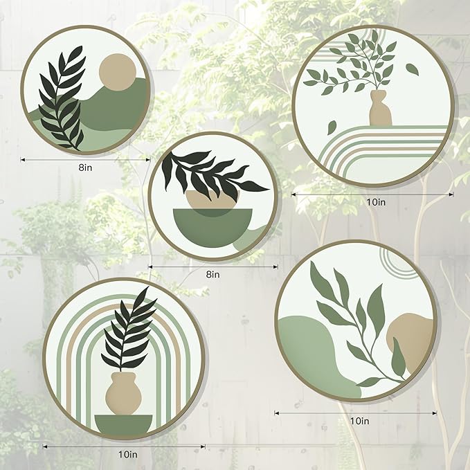Zzbakress 5 Pcs Boho Wall Decor Farmhouse Wooden Round Bathroom Decor Vintage Bohemian Wall Hanging Decor for Living Room Modern Geometric Wall Decoration Aesthetic Minimalist Wooden Wall Art for Bedroom Apartment Office (Greenery, 5)