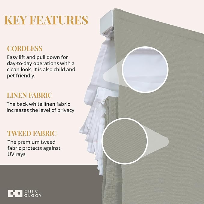 CHICOLOGY Cordless Roman Shade for Windows & French Doors, Ridgewood Sage, Privacy + Light Filtering Linen Look Fabric w/White Liner, True to Size, Inside/Outside Mount, 23" W x 72" H