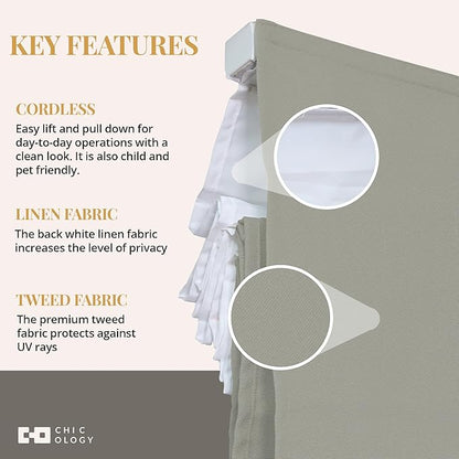 CHICOLOGY Cordless Roman Shade for Windows & French Doors, Ridgewood Sage, Privacy + Light Filtering Linen Look Fabric w/White Liner, True to Size, Inside/Outside Mount, 29" W x 72" H