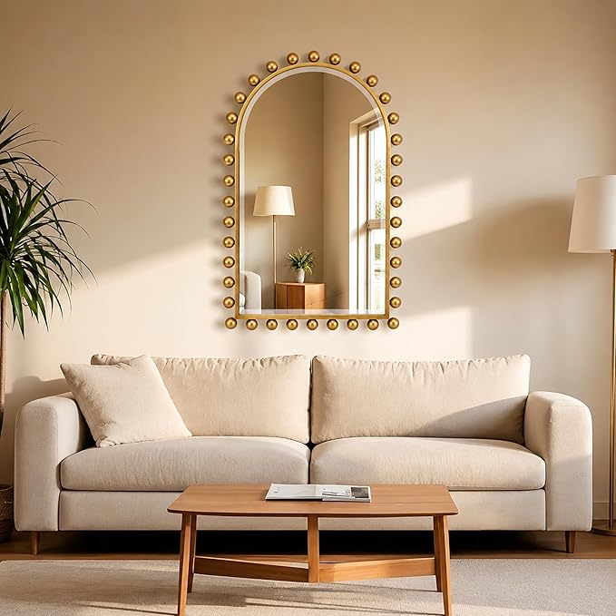 24x36 Inch Arched Wall Mirror with Antique Gold Ball Frame, Beveled Arched Decorative Wall Mirror, Vintage Gold Accent Mirror for Living Room, Entryway, Bedroom, Hallway & Over Console Decor