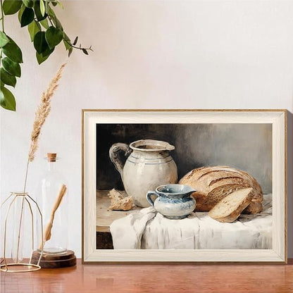 ASTRDECOR Framed Kitchen Wall Art, Modern Muted Still Life Painting Farmhouse Wall Decor, Sourdough Bread Canvas Wall Art Prints, Rustic Jars White Tablecloth Country Wall Decor Living Room-12''x16''
