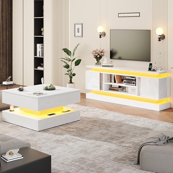 chartustriable 71IN LED TV Stands w/Power Outlet for 85/80/75 Inch TVs,High Glossy Modern Tall Entertainment Center TV Media Console Gaming with 2 Storage Cabinets,Dual LED Lights,White