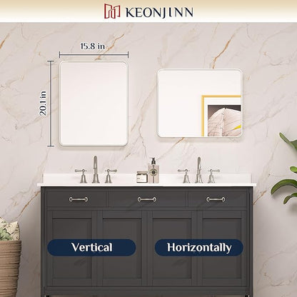 Keonjinn 16 x 20 Inch Brushed Nickel Bathroom Mirrors for Over Sink, Rounded Rectangle Silver Bathroom Vanity Mirror, Metal Framed Farmhouse Mirror for Wall, HD Tempered Glass(Horizontal/Vertical)