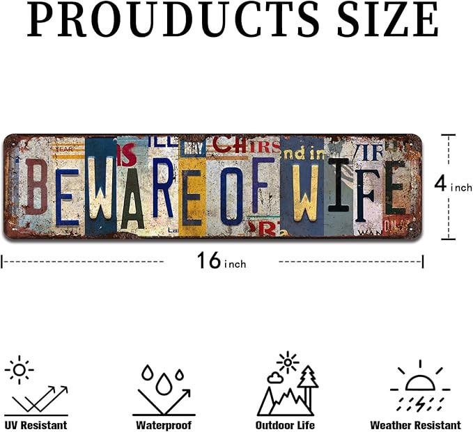 Beware of Wife Vintage Metal Tin Sign - Humorous Rustic Wall Art for Garage, Man Cave, Bar, Game Room Décor - 4x16 Inch