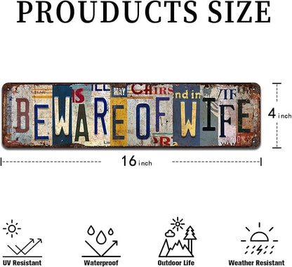 Beware of Wife Vintage Metal Tin Sign - Humorous Rustic Wall Art for Garage, Man Cave, Bar, Game Room Décor - 4x16 Inch