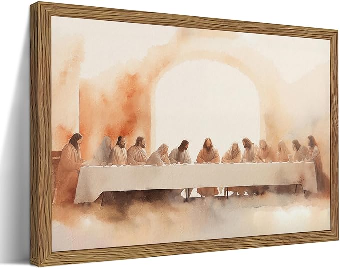 Wood Framed Jesus Last Supper Canvas Wall Art, Leonardo da Vinci Pictures Canvas Print Posters Wall Decor, Christian Wall Art Home Decor for Living Room Dining Room Decor 12x16 inch