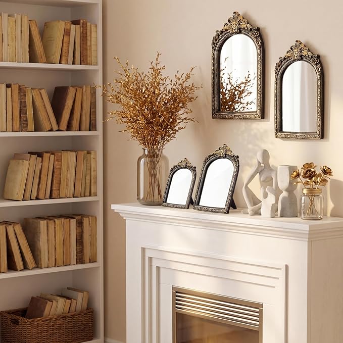 Thyle 4 Pcs Vintage Mirror Set Gold Antique Makeup Mirror Arch Retro Resin Baroque Decorative Wall Square Hanging Desk Tabletop Room Bedroom Bathroom Gallery (13x9 10x7 8x5 7x4)(Dark Color)