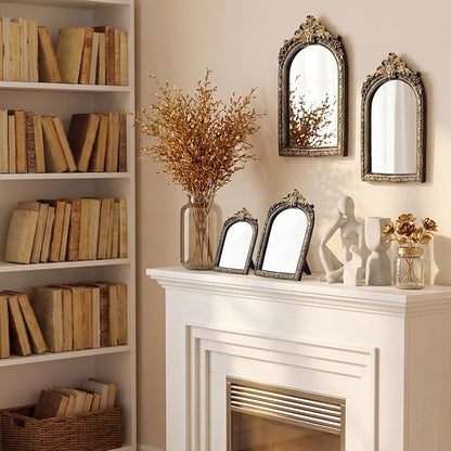 Thyle 4 Pcs Vintage Mirror Set Gold Antique Makeup Mirror Arch Retro Resin Baroque Decorative Wall Square Hanging Desk Tabletop Room Bedroom Bathroom Gallery (13x9 10x7 8x5 7x4)(Dark Color)