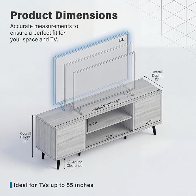 YESHOMY Mid-Century Modern TV Stand for 43-55 Inch TVs, 50 Inch Entertainment Center with Storage, Media Console with Push-to-Open Doors and Cable Management for Living Room, Bedroom (Light Gray)
