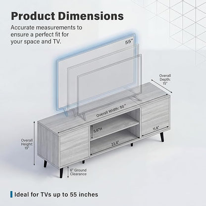 YESHOMY Mid-Century Modern TV Stand for 43-55 Inch TVs, 50 Inch Entertainment Center with Storage, Media Console with Push-to-Open Doors and Cable Management for Living Room, Bedroom (Light Gray)