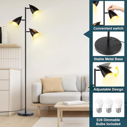 LALISU Tree Floor Lamp for Living Room, Industrial 3-Light Standing Lamp with 3 LED Bulbs, Adjustable Rotation Heads, Standing Tall Pole Lamp Farmhouse Rustic Reading Lamps for Bedroom Office (Black)