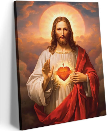Sacred Heart of Jesus Canvas Wall Art Divine Mercy Painting Picture Wall Decor Religious Christ Jesus Portrait Poster Prints Artwork for Dining Living prayer Room Bedroom Home Decor 12x16in canvas