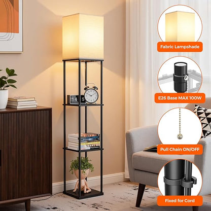 FOLKSMATE 2-Pack Floor Lamp with Shelves, 3-Tier Modern Square Bookshelf Floor Lamp, 3 Color Temperature Bulb Included, Black Floor Lamps for Living Room Bedroom Corner
