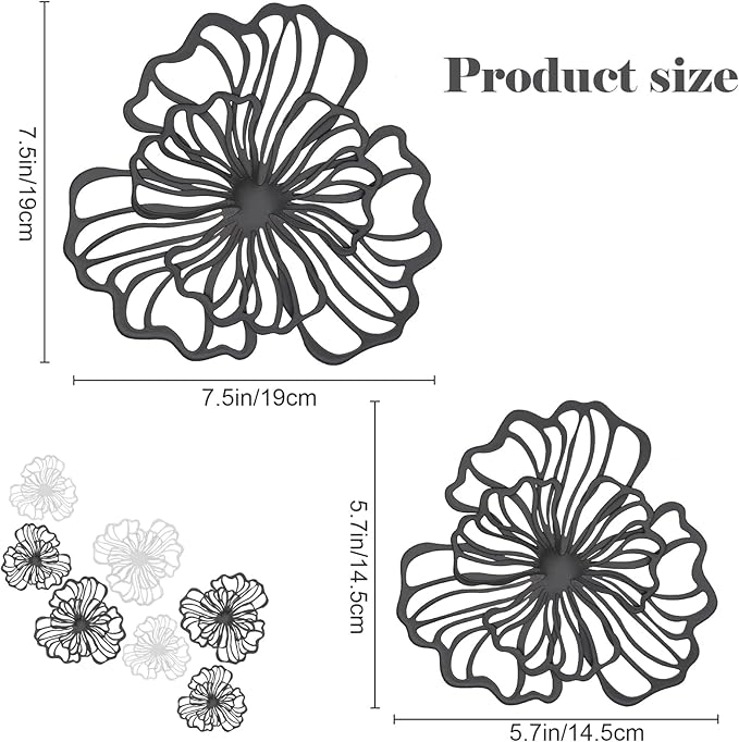 7 Piece Metal Wall Decor for Living Room, Boho Double Layered Iron Flower Wall Hanging Art, Aesthetic Indoor Metal Wall Sculpture Decor for Bedroom Kitchen Bathroom Farmhouse Home Office, Black-White