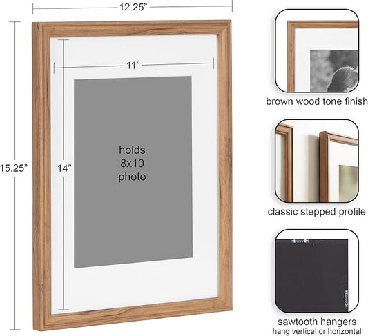 Kate and Laurel Adlynn Rectangle Picture Frame Set of 4; 11 x 14 matted to 8 x 10; Brown; Transitional Four-Piece Frame Set for Gallery Wall Frame Set in Living Room Wall Decor