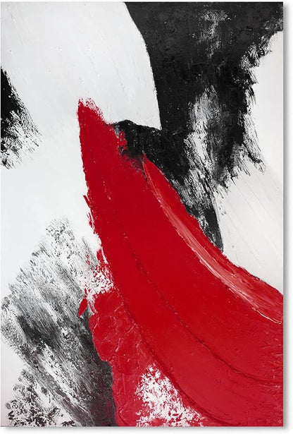 YPY Red Abstract Canvas Wall Art: Modern Minimalist Black and White Picture Hand Paint Textured Oil Painting Poster for Living Room Bedroom Bathroom Office Home Wall Decor 16x24