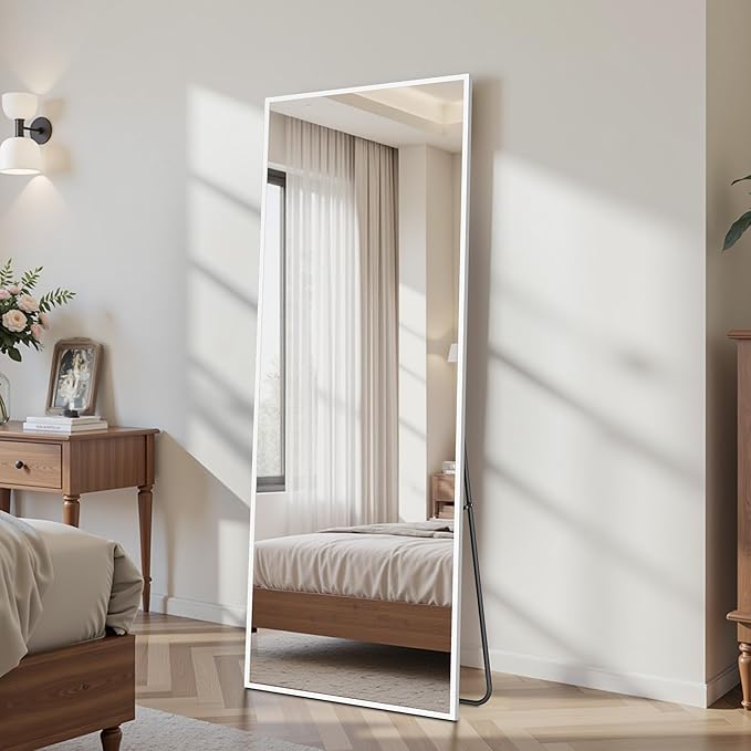 Suidia Full Length Mirror Over the Door&Wall Mounted, 48"x14" Door Mirror with Aluminum Alloy Frame, HD Shatterproof, No-Drill, Hanging Mirrors for Bedroom, Bathroom, Dorm, Closet, Rect, White
