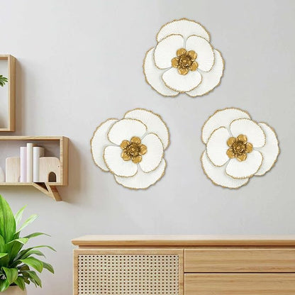 DILATATA 3 Pcs Metal Flower Wall Art Set 10 Inch Rustic Modern Floral Sculpture 3D Metal Flower Wall Hanging Accent for Indoor Living Room Bedroom Kitchen Bathroom Garden Patio Decor - White