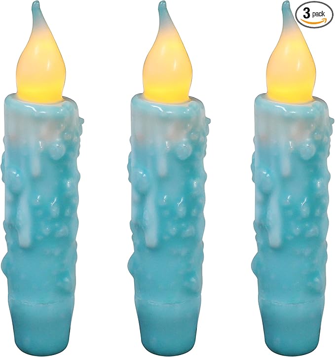 CVHOMEDECO. Real Wax Hand Dipped Battery Operated LED Timer Taper Candles Rustic Primitive Flameless Lights Decor, 4-3/4 Inch, Teal, 3 PCS in a Package