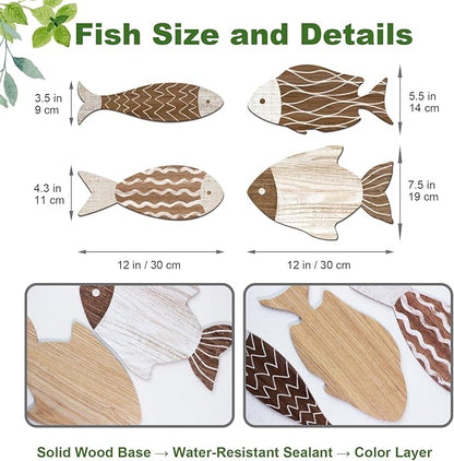 4 Pieces Wooden Fish Wall Decor Set, 12 Inch Coastal Wall Art for Bathroom, Beach House, Family Rooms - with Hooks & Adhesive Pads (Brown)