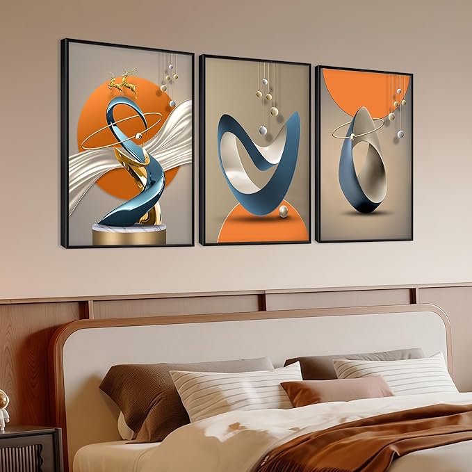 3 Pcs Modern Abstract Canvas Wall art Golden Deer Luxury Foil Lines Wall Decoration Pictures Paintings White Blue orange color Grey posters Prints for Living Room Bedroom Office Home Decoration