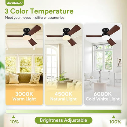 35" Black&Wood Ceiling Fans with Lights and Remote, Low Profile Ceiling Fan with Light, Reversible DC Motors, 3CCT Dimmable Timer Noiseless, Flush Mount Ceiling Fan for Bedroom/Living Room