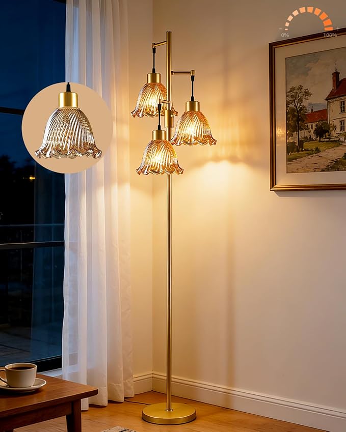 3-Light Modern Glass Floor Lamp, Gold Standing Tall Lamp with Amber Lily Glass Shade for Reading, Dimmable LED Floor Lamp with 5Lbs Heavy Base for Living Room Bedroom Home Decor, Bulb Included