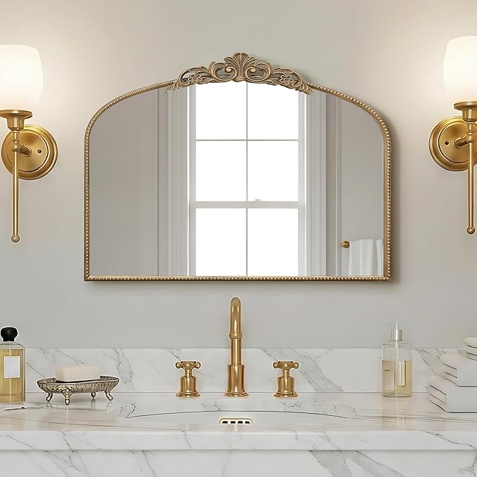 Micasso Vintage Wall Gold Mirror: 32"x24" French Baroque Antique Mirror - Traditional Ornate Decorative Arched for Wall/Bathroom/Entryway/Fireplace/Hallway - Home Decor for Living Room