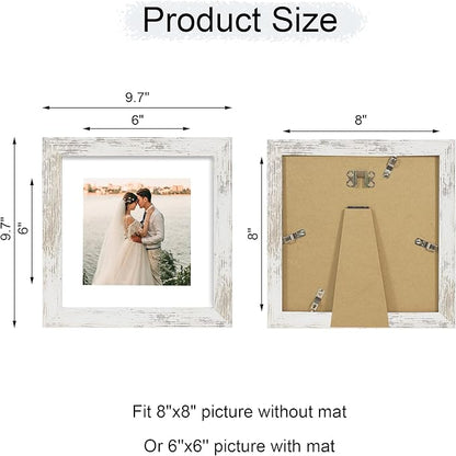 iRahmen 8x8 Picture Frame with Mat 6x6 - High Definition Real Glass Wooden Photo Frames for Tabletop Display and Wall Mounting (Distressed-White, Set of 2)